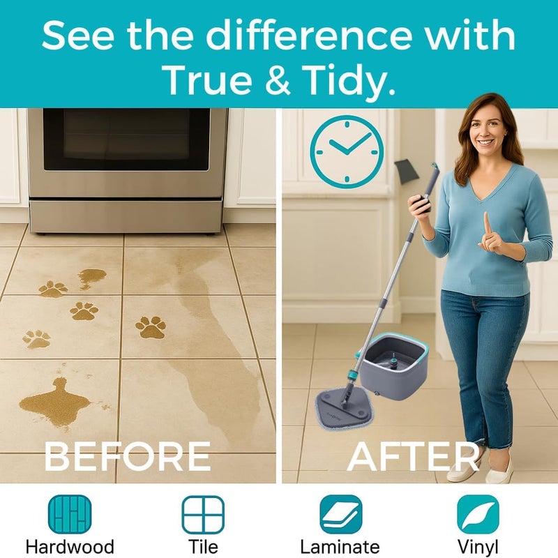 True & Tidy Square Spin Mop & Bucket System – Dual Chamber for Clean & Dirty Water, 360° Rotating Self-Wringing Mop with Built-in Scrub Brush, Stainless Steel Handle & 2 Reusable Microfiber Mop Pads - Image 3